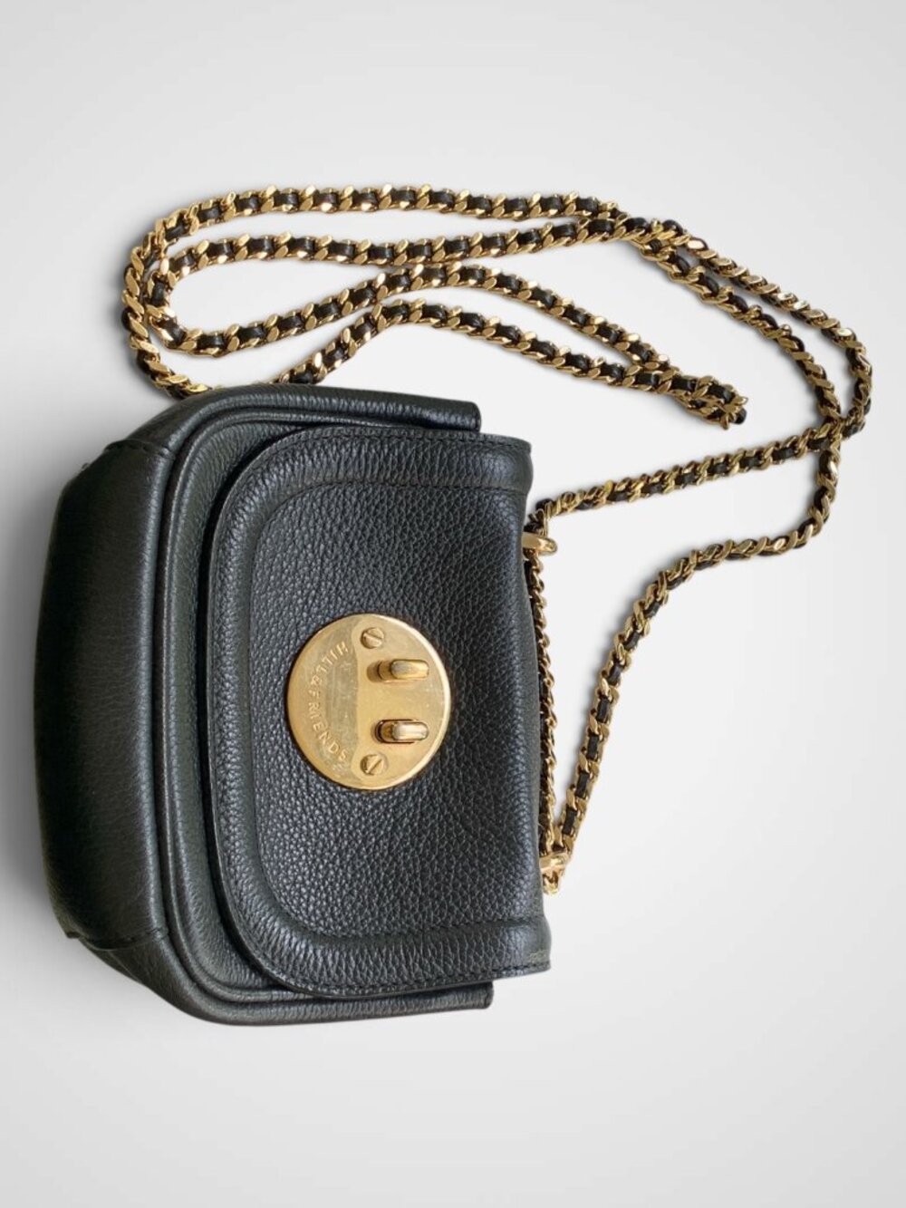 Hill & Friends Black Leather Tweency Cross Body Bag with Metal Chain Strap